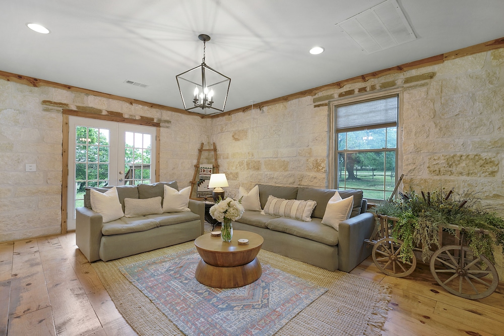new luxury home with fire pit and hill country views