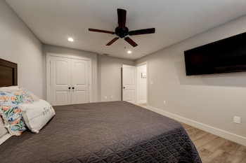 waterfront lake house with hot tub and firepit