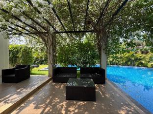 mountain and pool view from balcony