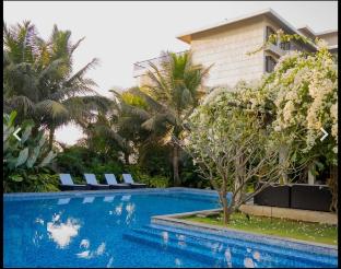 mountain and pool view from balcony