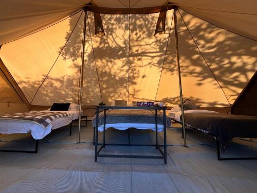 cozy hot tent with log burner and hot tub right tent