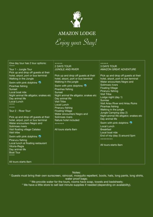 curupira amazon lodge private jungle tour river tour or great adventure tour included only in deluxe rooms