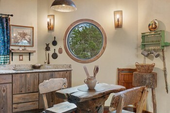 woodsman hobbit with hot tub and fireplace