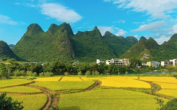 cindy villa rice fields and karst peaks at yulong river infinity pool
